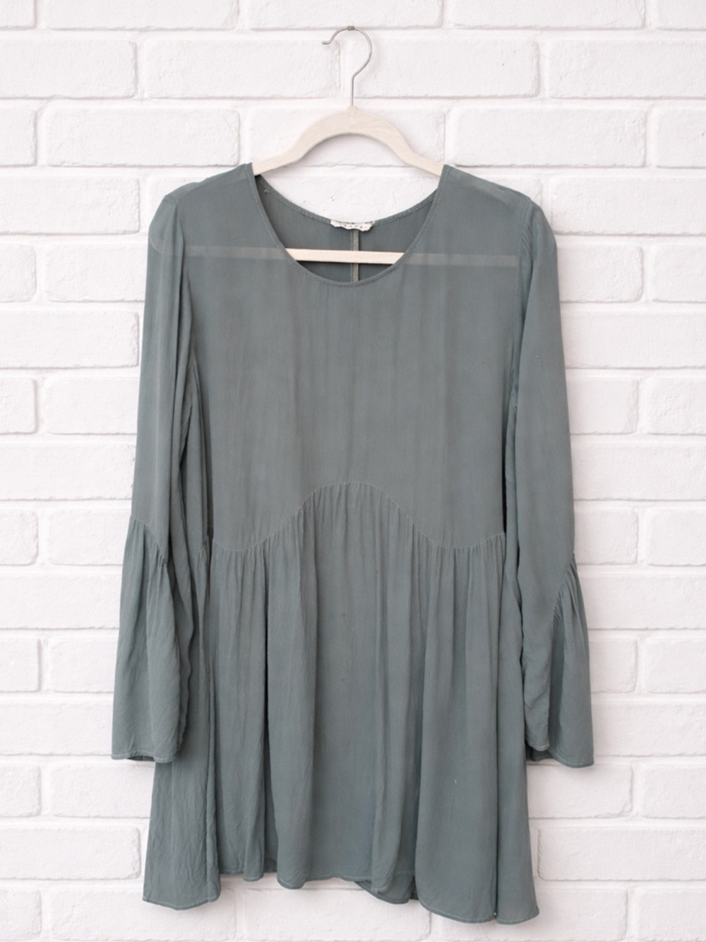 LACAUSA Sheer Blouse Mini Dress Sage Green Lagenlook Boho Whimsy Slip mesh - Picture 2 of 5